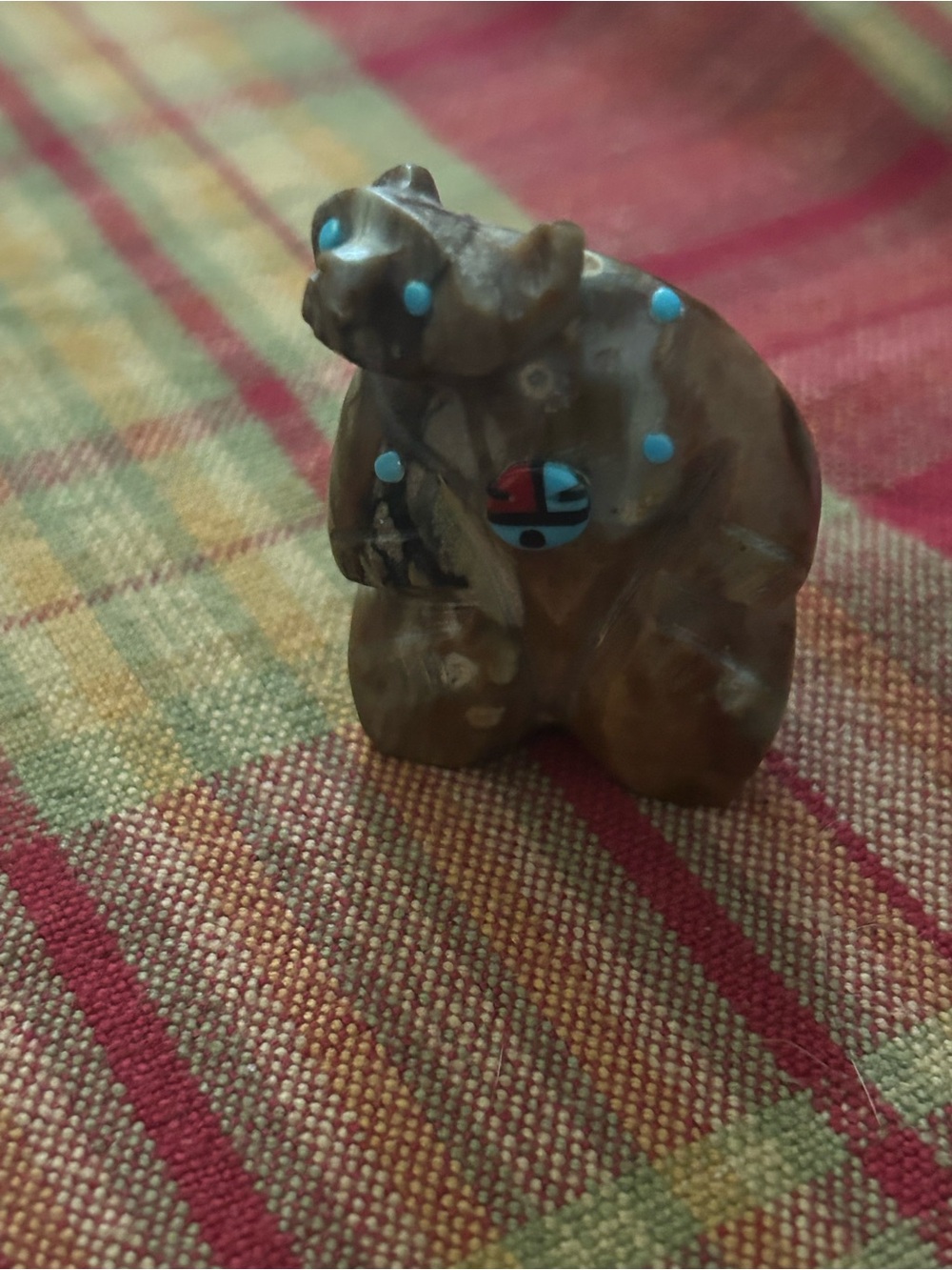 Handcarved Stone Native Fetish Bear Figurine with Turquoise Inlay